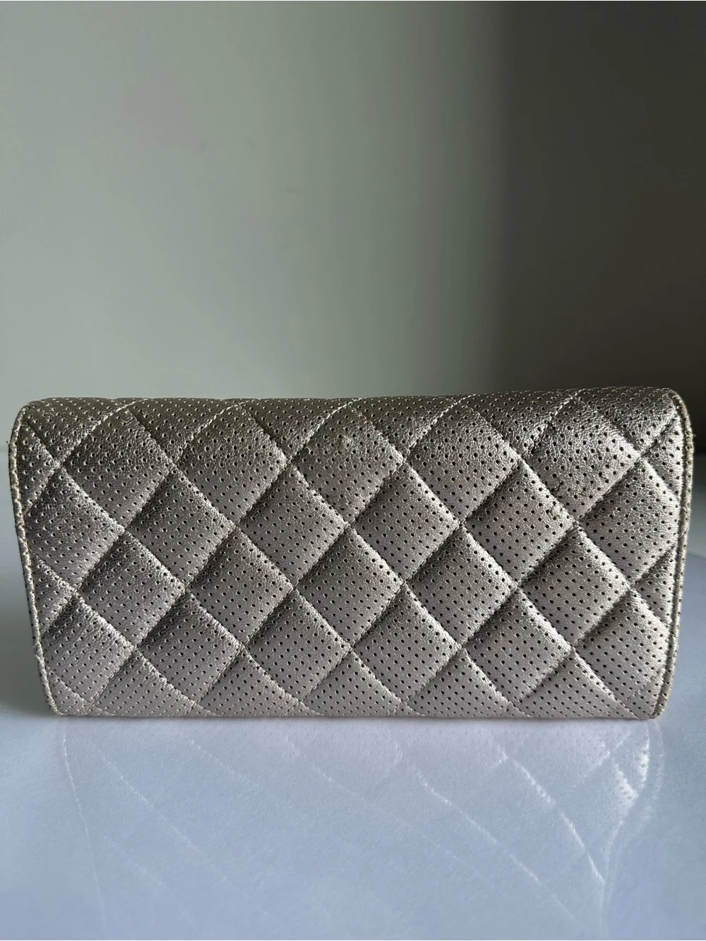 CHANEL Metallic Champagne Perforated Quilted Long Wallet + Unbranded WOC Kit